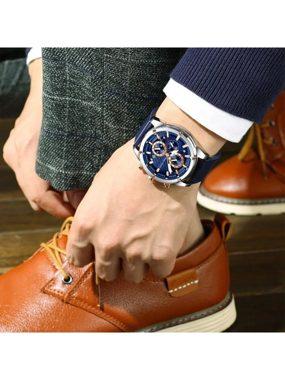Men's Blue Silver Chronograph Waterproof Sport Military Analog Quartz Wristwatch